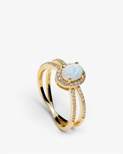 Anillos circonitas de plata bañada en oro diseño ópalo y doble raíl