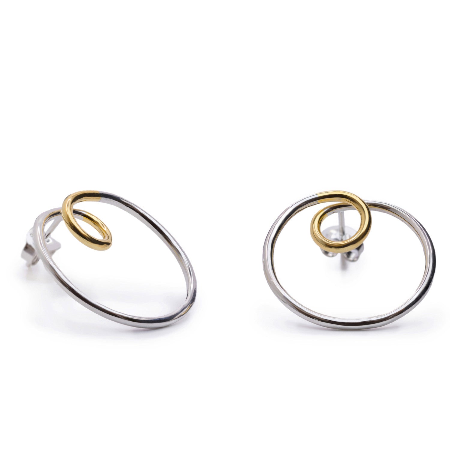 Pendientes bicolor de plata diseño aro con tirabuzón