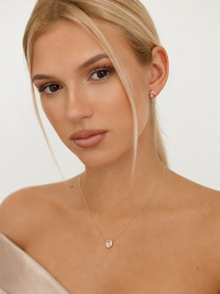 Pendientes con piedras talla oval tono rosa y circonitas