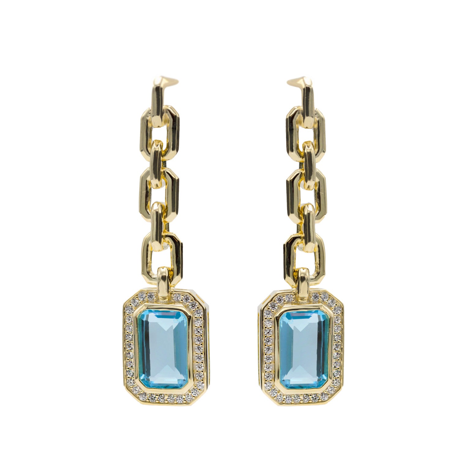 Long silver earrings with link design and aquamarine-toned gemstone