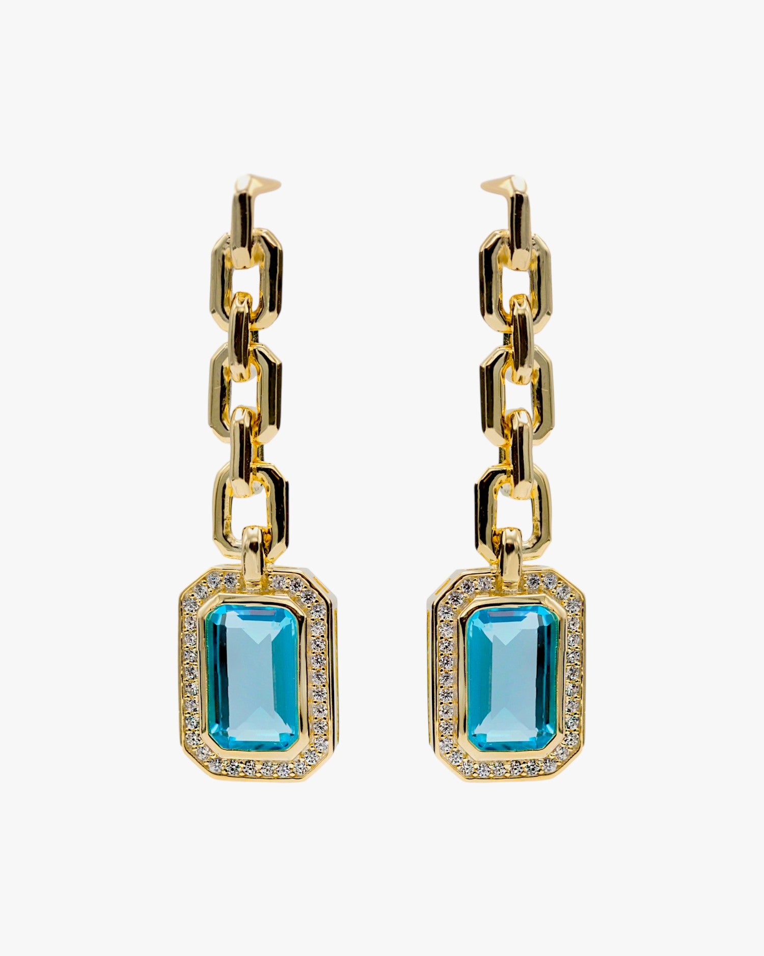 Longues boucles d'oreilles en argent à maillons et pierre précieuse aux tons aigue-marine
