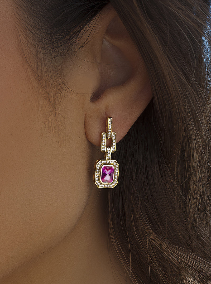 Boucles d'oreilles avec pierres de couleur design octogonal dans les tons fuchsia