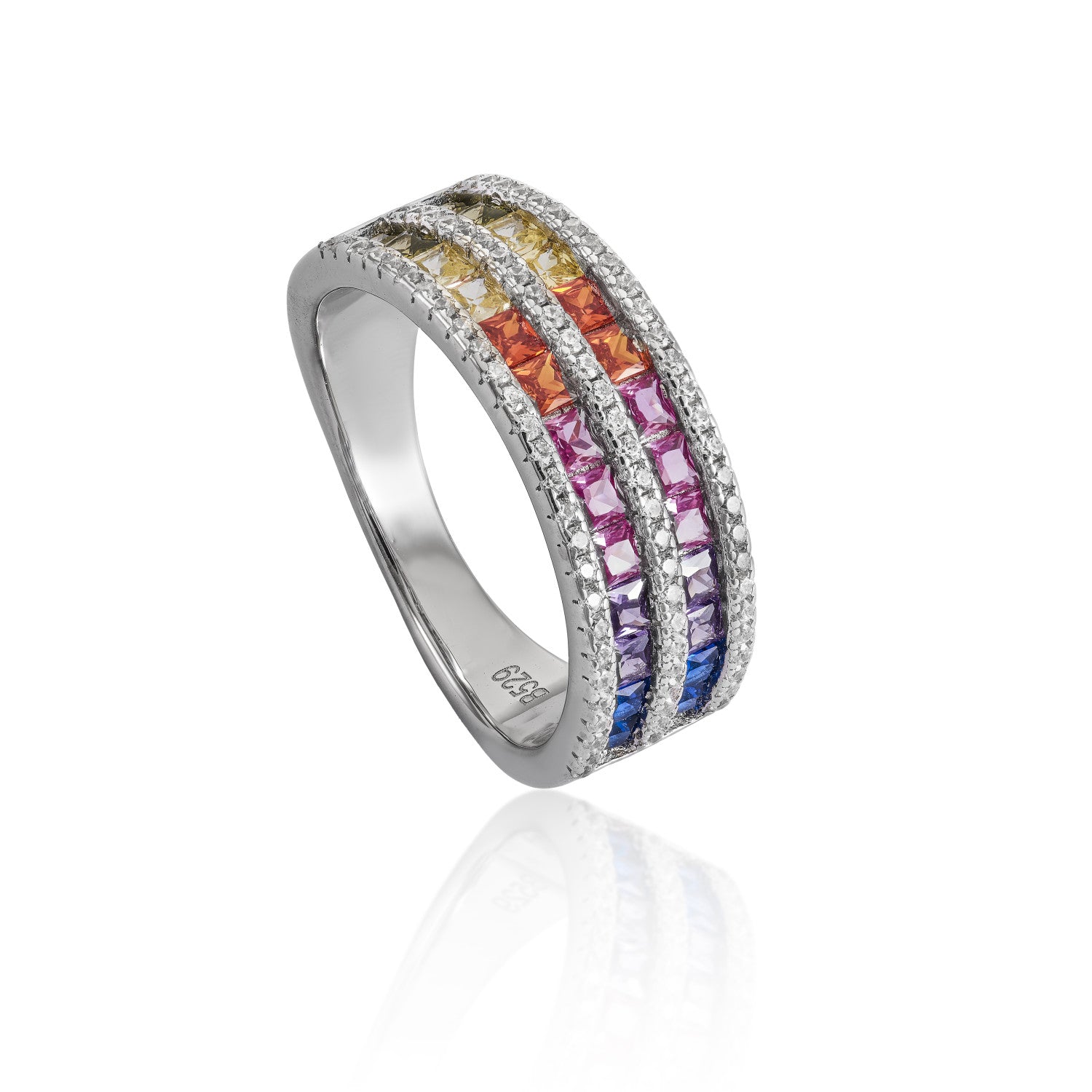 Ring with stones multicolored double rail design