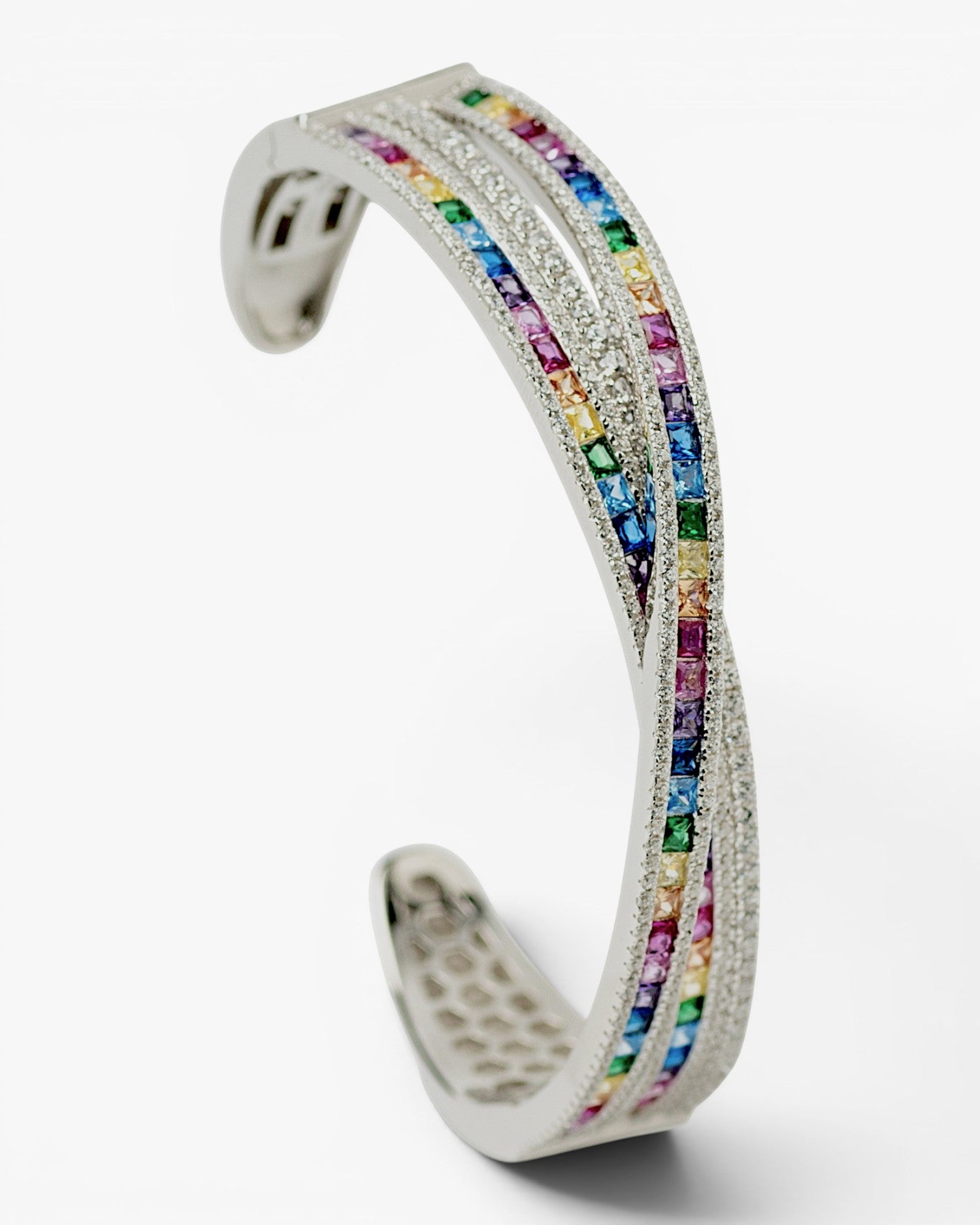 Esclava de plata diseño raíles cruzados multicolor