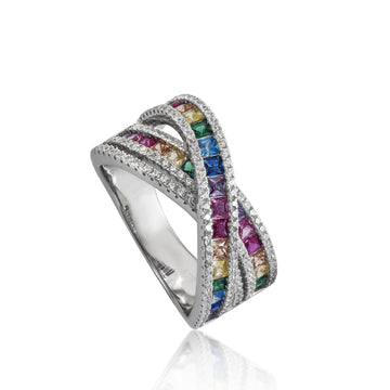 Anillo con piedras diseño raíles cruzados multicolor