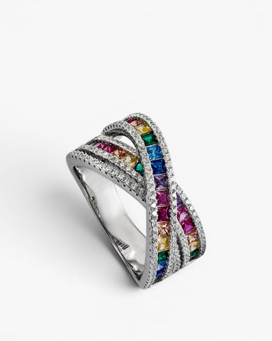 Anillo con piedras diseño raíles cruzados multicolor