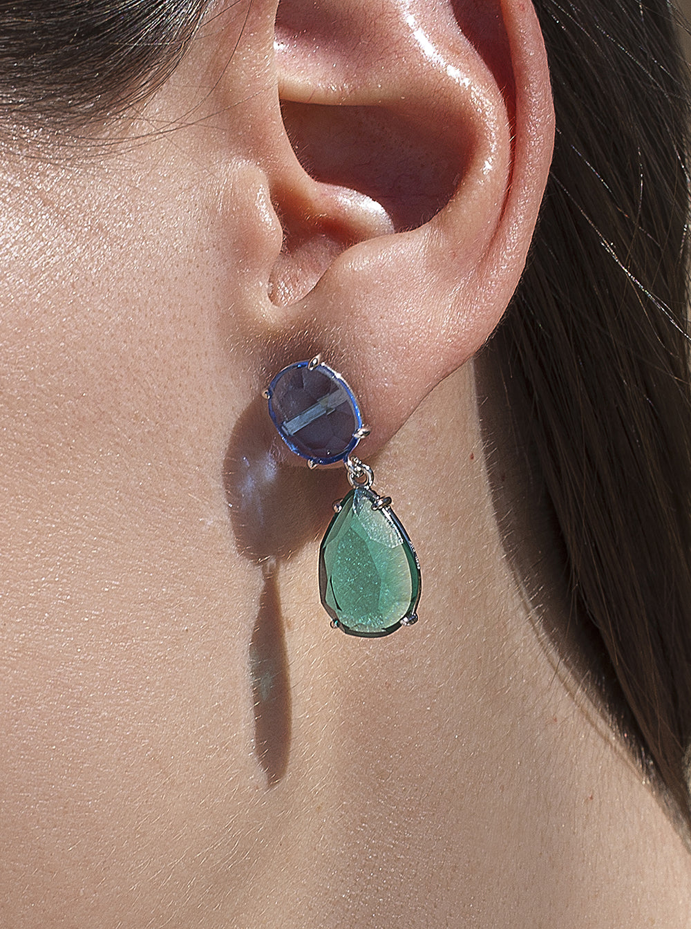 Teardrop design colorful stone earrings in aquamarine hue