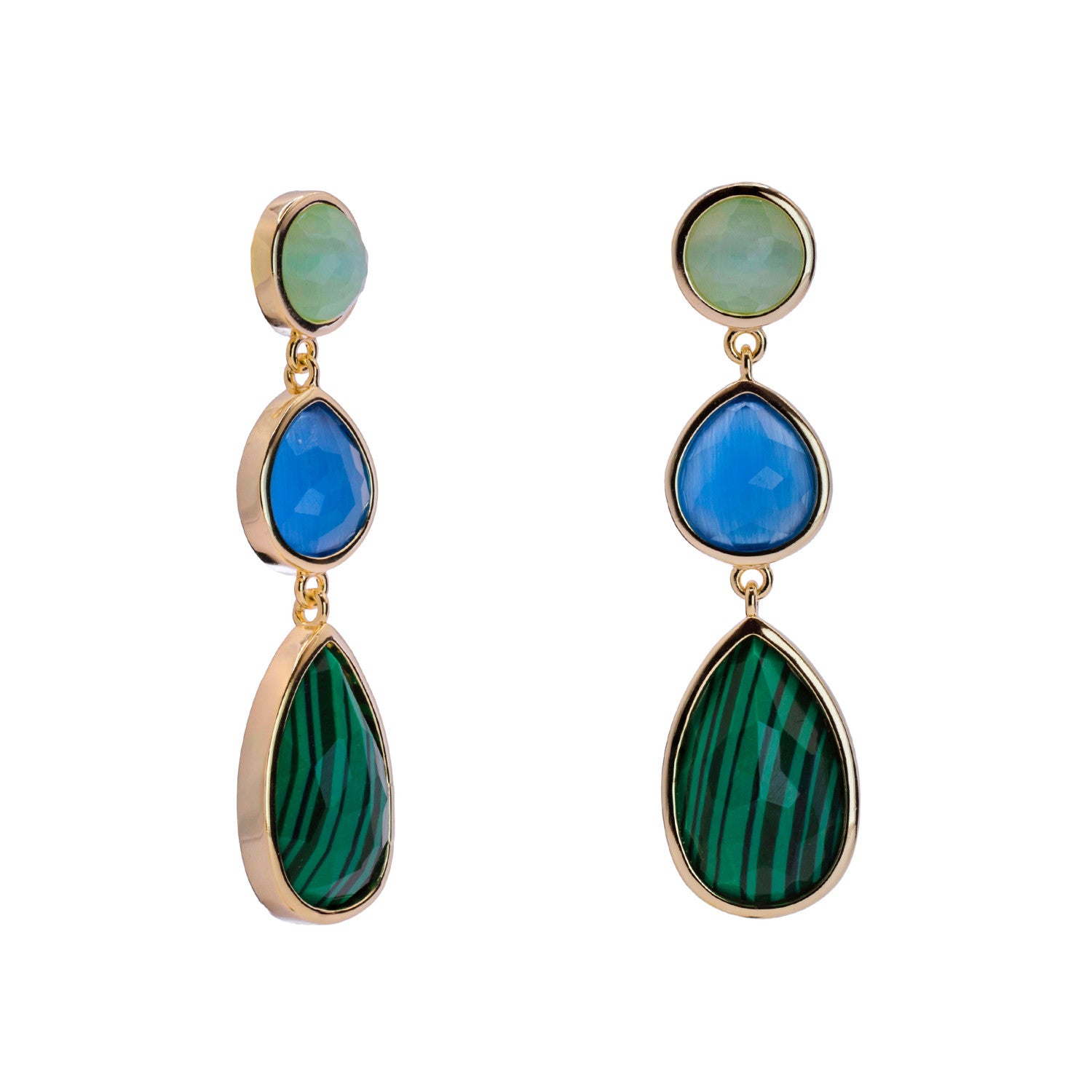 Long silver teardrop design natural stone malachite earrings