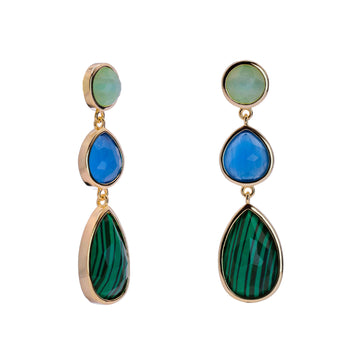 Boucles d'oreilles longues en argent, en forme de larme, ornées de malachite et de pierres naturelles.