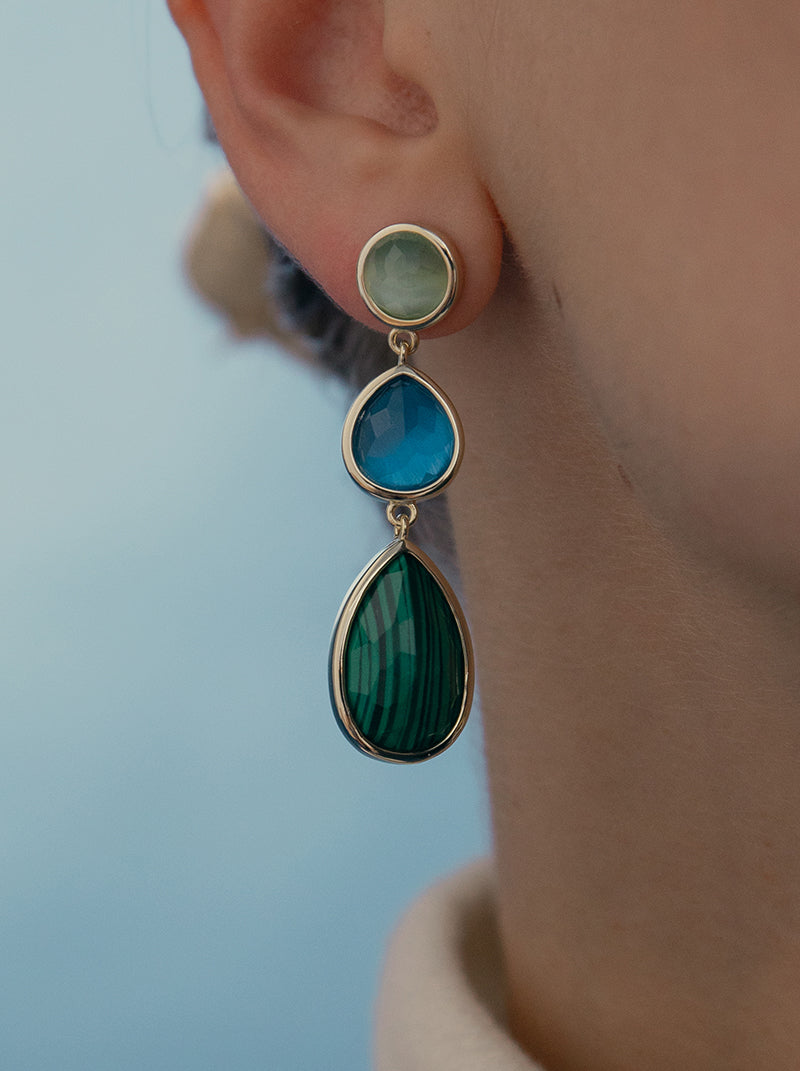 Long silver teardrop design natural stone malachite earrings