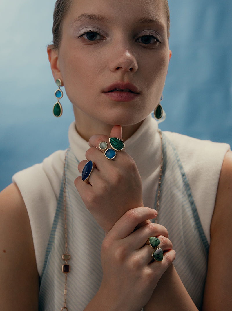 Anillos con piedras diseño lágrima malaquita