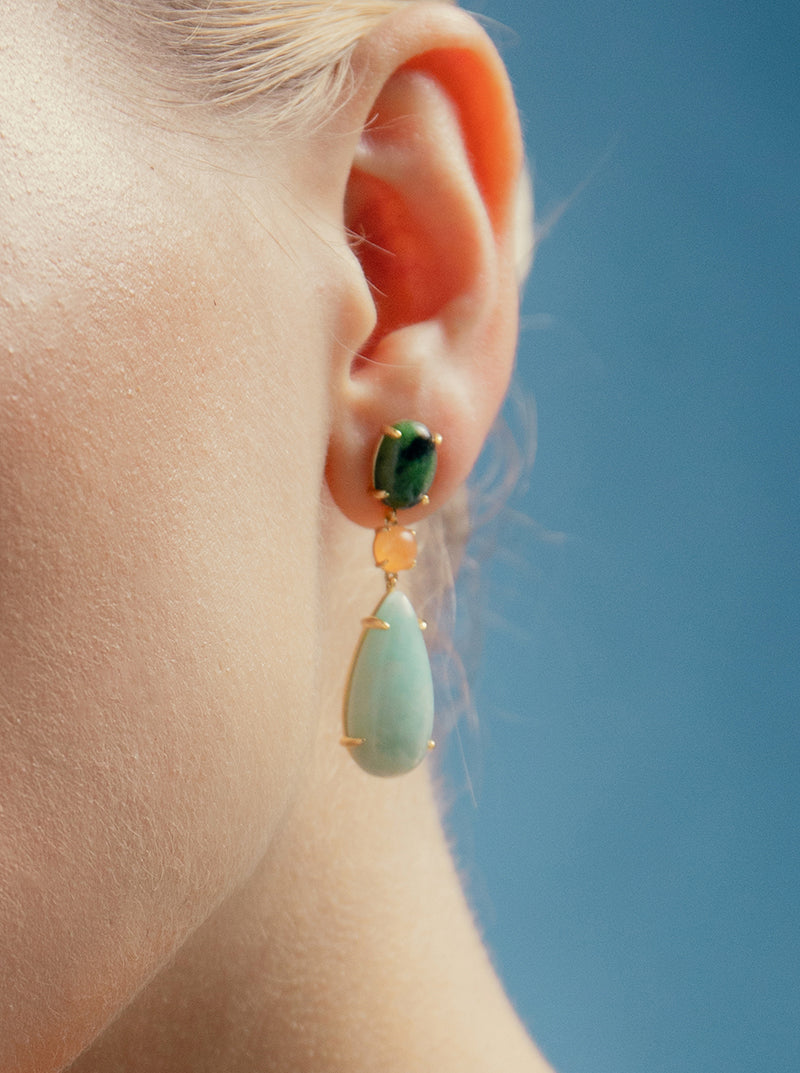 Long silver earrings with natural stone in natural tones