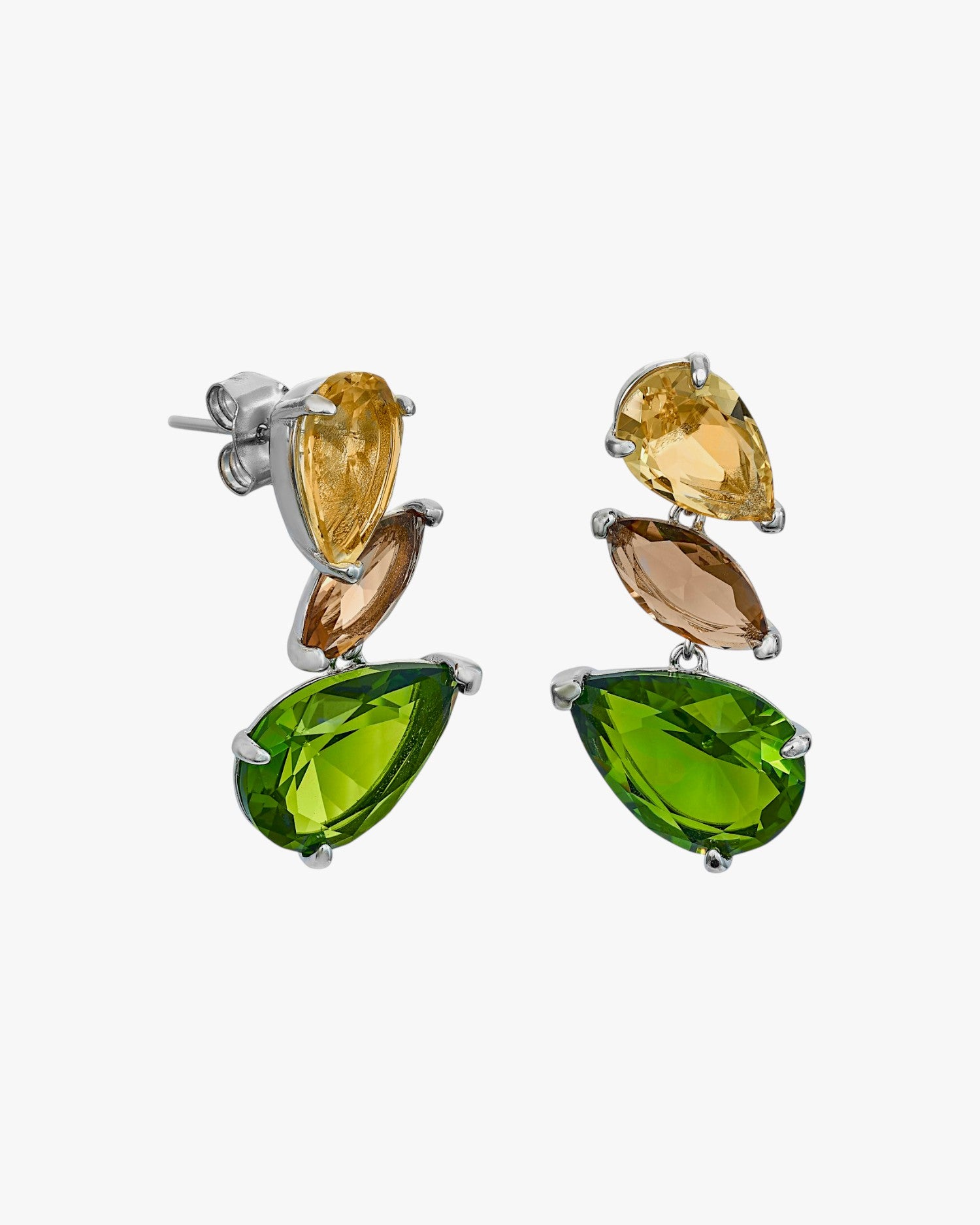 Earrings with colorful stones, three-gem design, natural tone