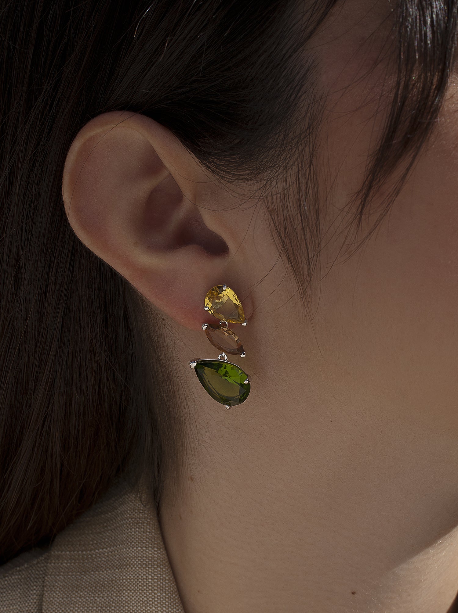 Earrings with colorful stones, three-gem design, natural tone