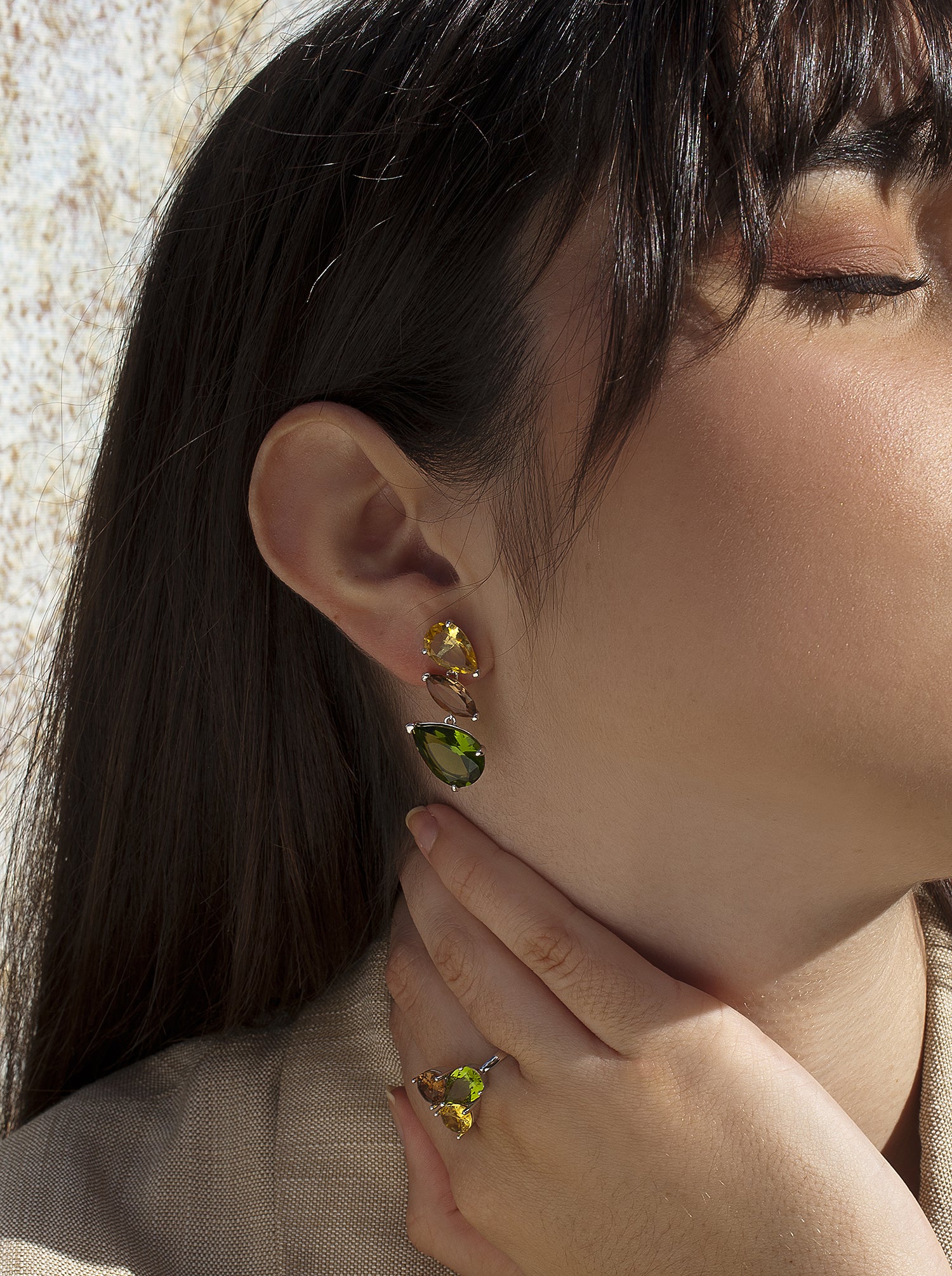 Earrings with colorful stones, three-gem design, natural tone