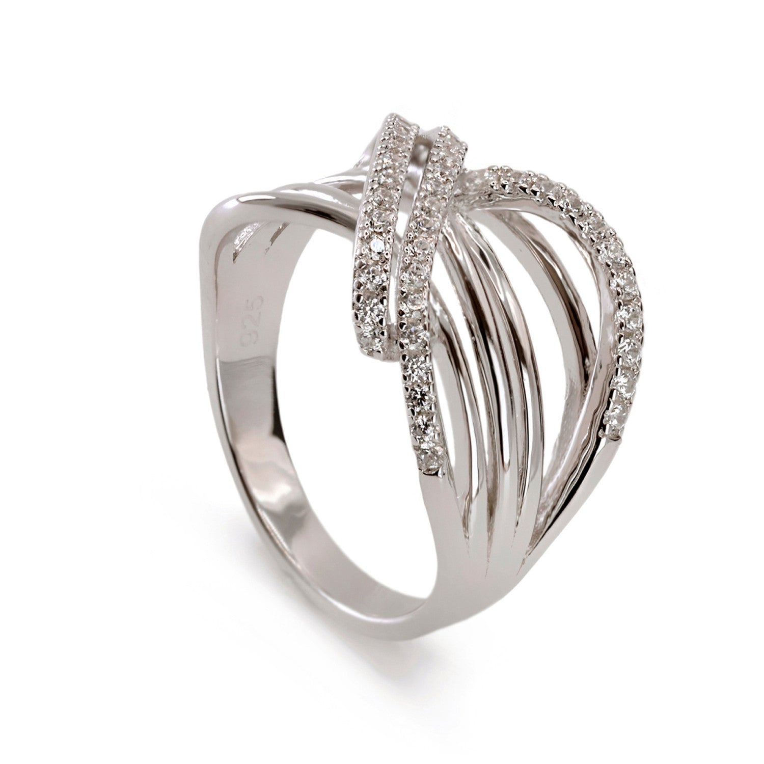 Anneaux zircons de argent aux multiples rails croisés