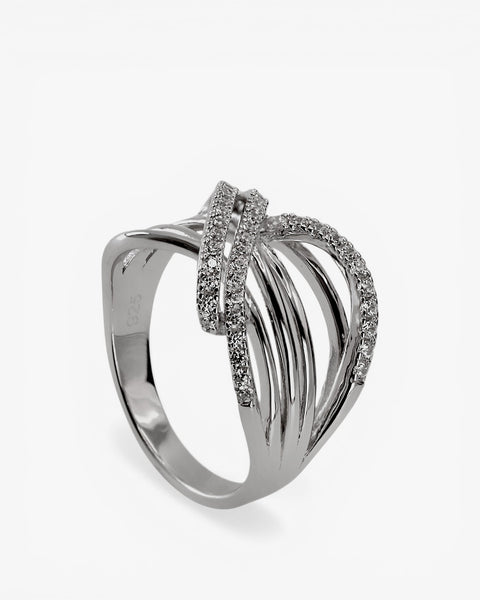 Anillos circonitas de plata múltiples raíles cruzados
