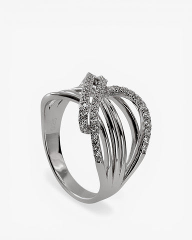Anillos circonitas de plata múltiples raíles cruzados
