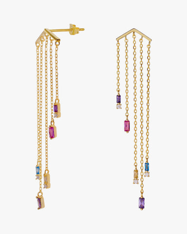 Long silver earrings, five-chain design with pink-tone gemstones