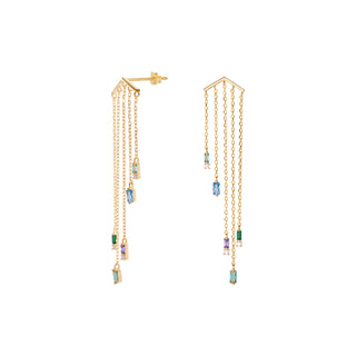 Pendientes largos diseño cinco cadenas con gemas tono azul