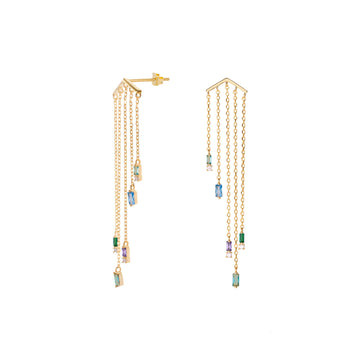 Long earrings with a five-chain design and blue-toned gemstones