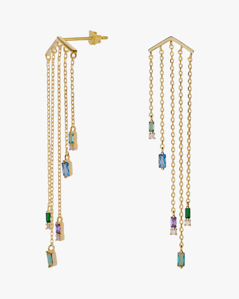 Pendientes largos diseño cinco cadenas con gemas tono azul