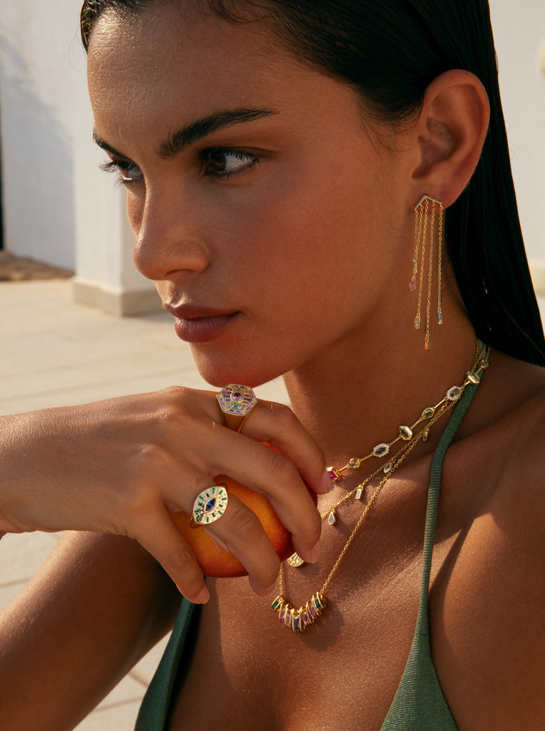 Long earrings with a five-chain design and blue-toned gemstones