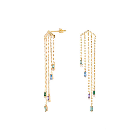Pendientes largos diseño cinco cadenas con gemas tono azul