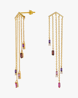 Long silver earrings, five-chain design with purple-toned gems