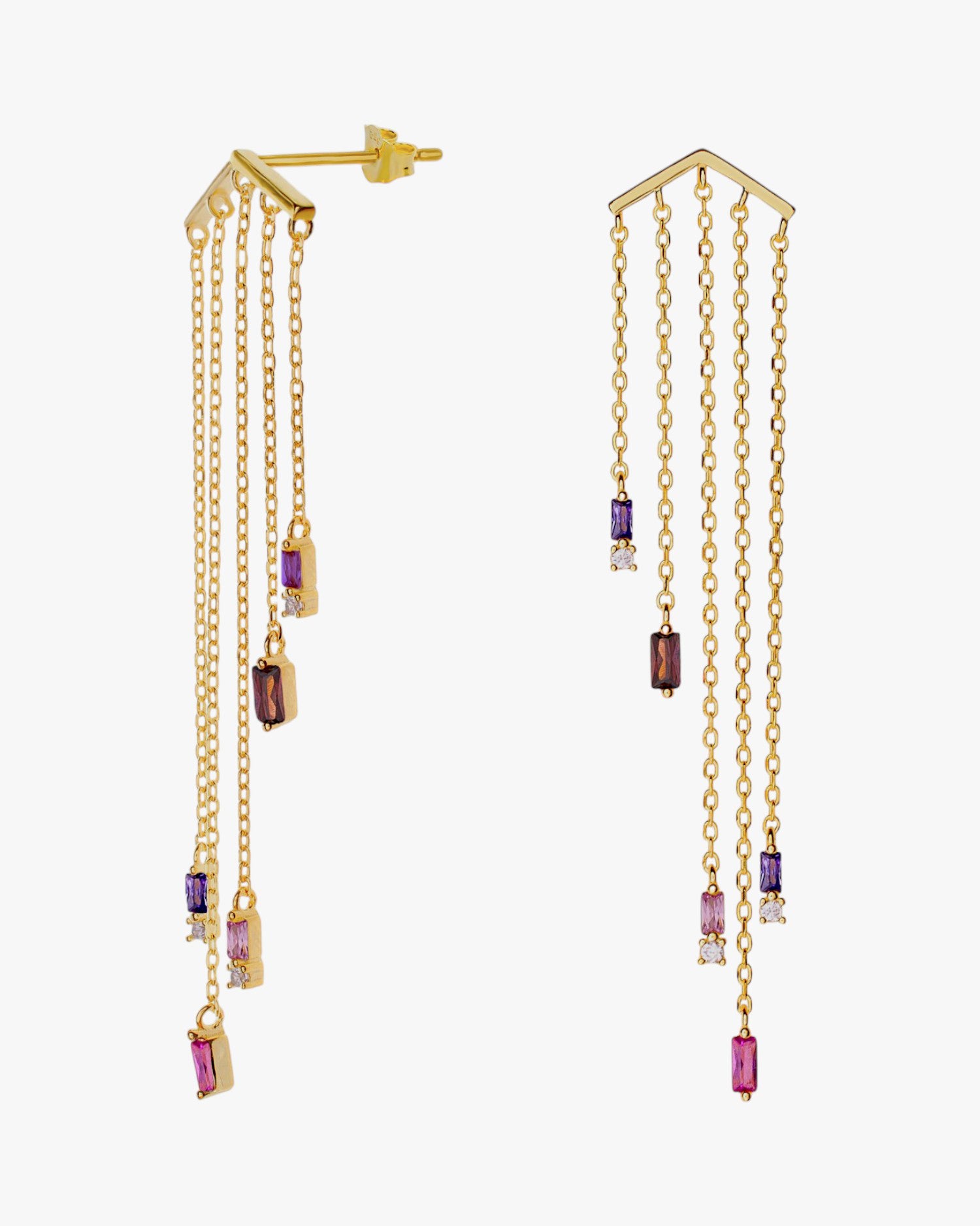 Pendientes largos de plata diseño cinco cadenas con gemas tono morado