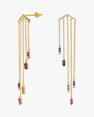 Pendientes largos de plata diseño cinco cadenas con gemas tono morado