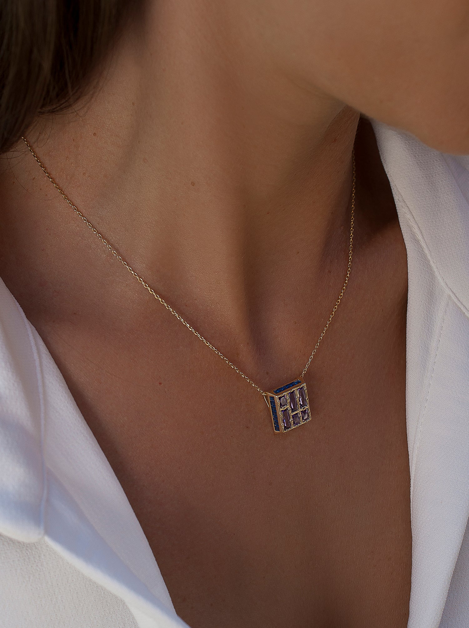 Necklaces with geometric design amethyst stones