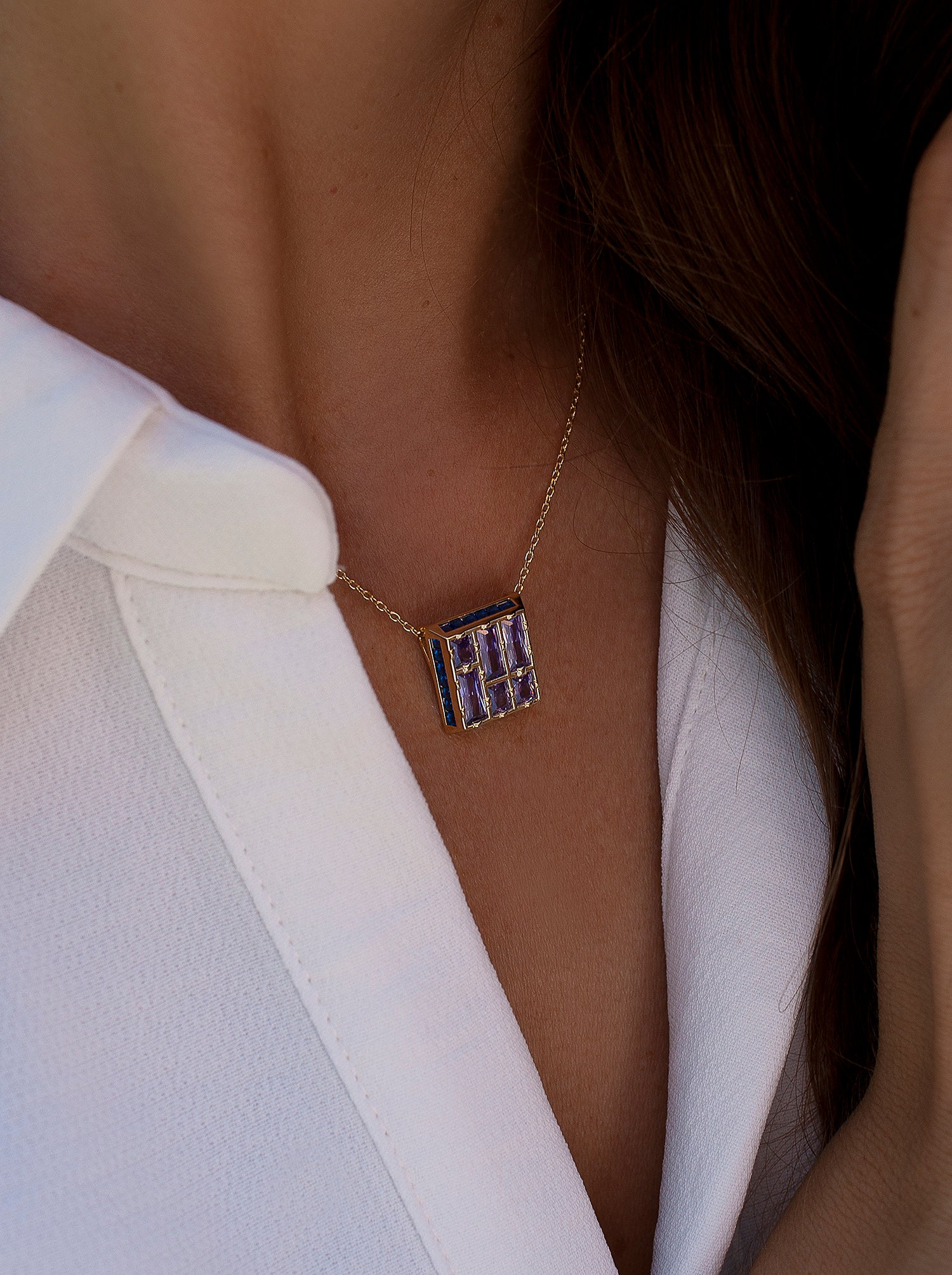 Necklaces with geometric design amethyst stones