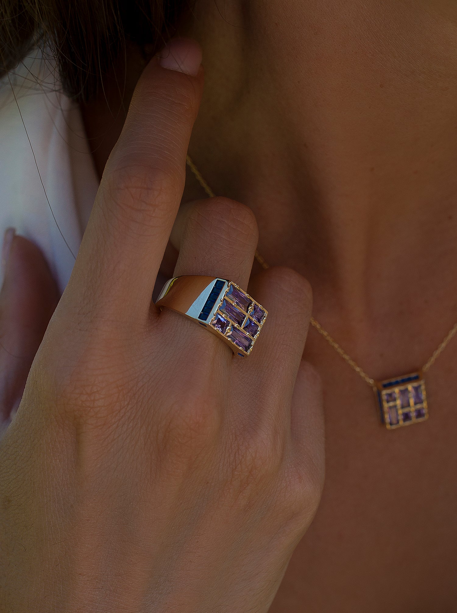 Rings with amethyst and sapphire-toned stones