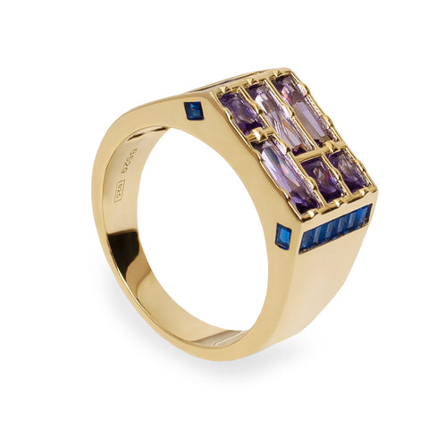 Rings with amethyst and sapphire-toned stones