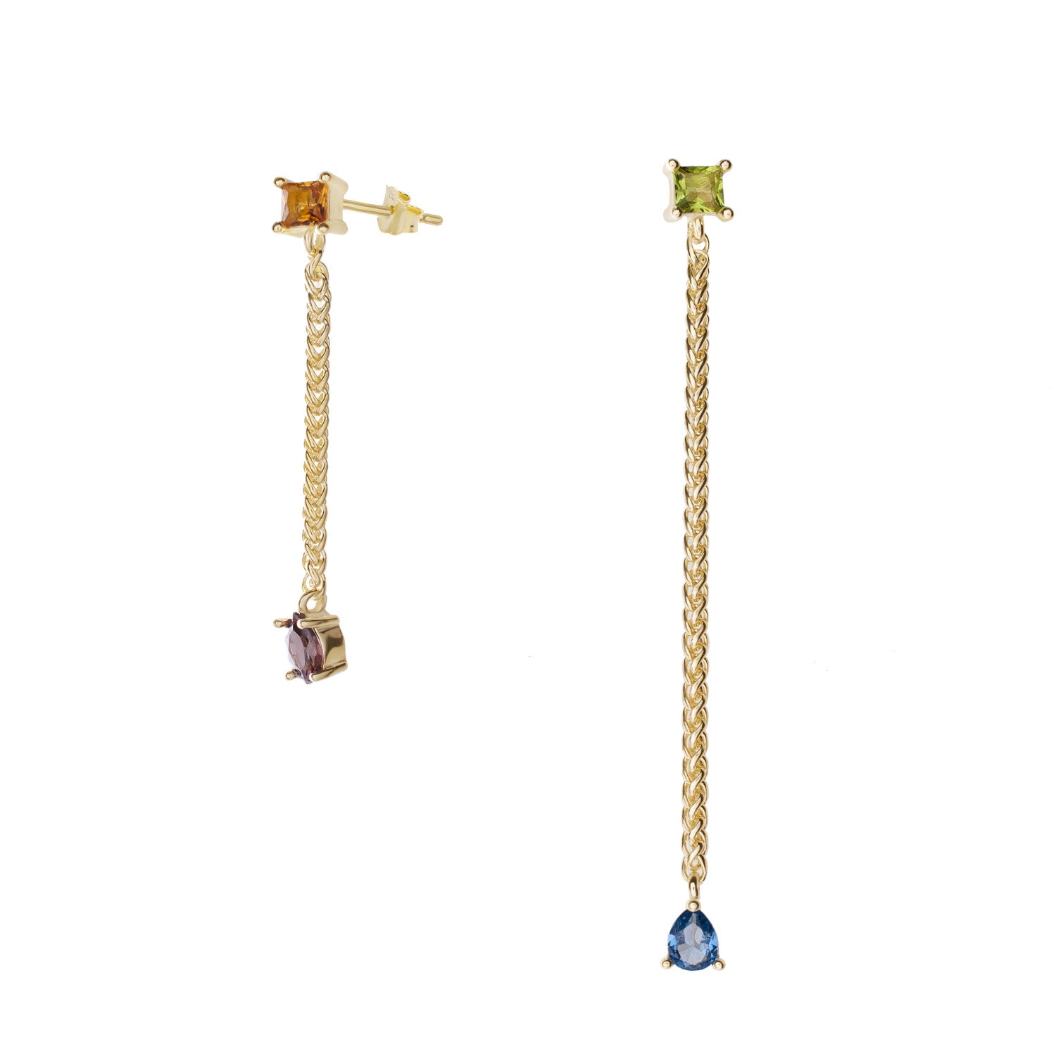 Long silver earrings with chain design and multicolored gems