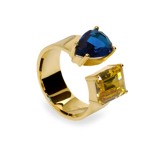 Rings with open design stones in azurite and citrine tones