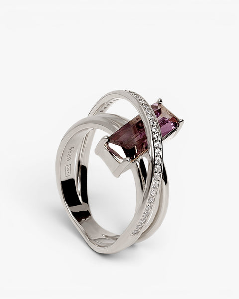 Rings with emerald-cut lavender-toned stones