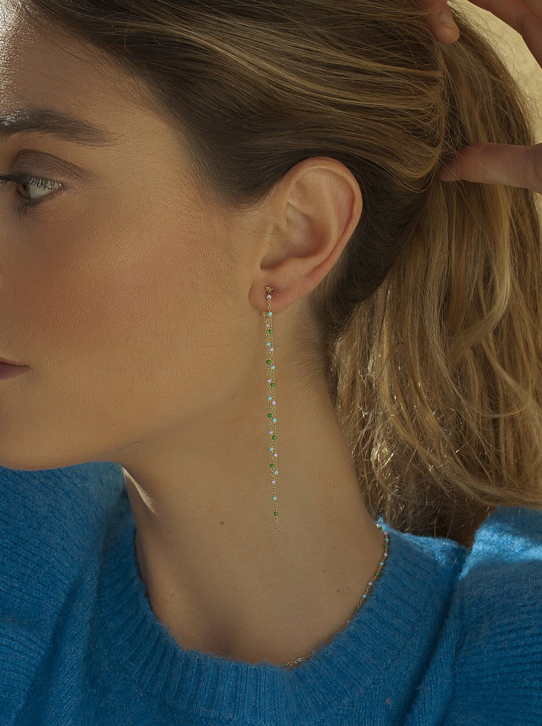 Pendientes largos de plata con doble cadena diseño nature