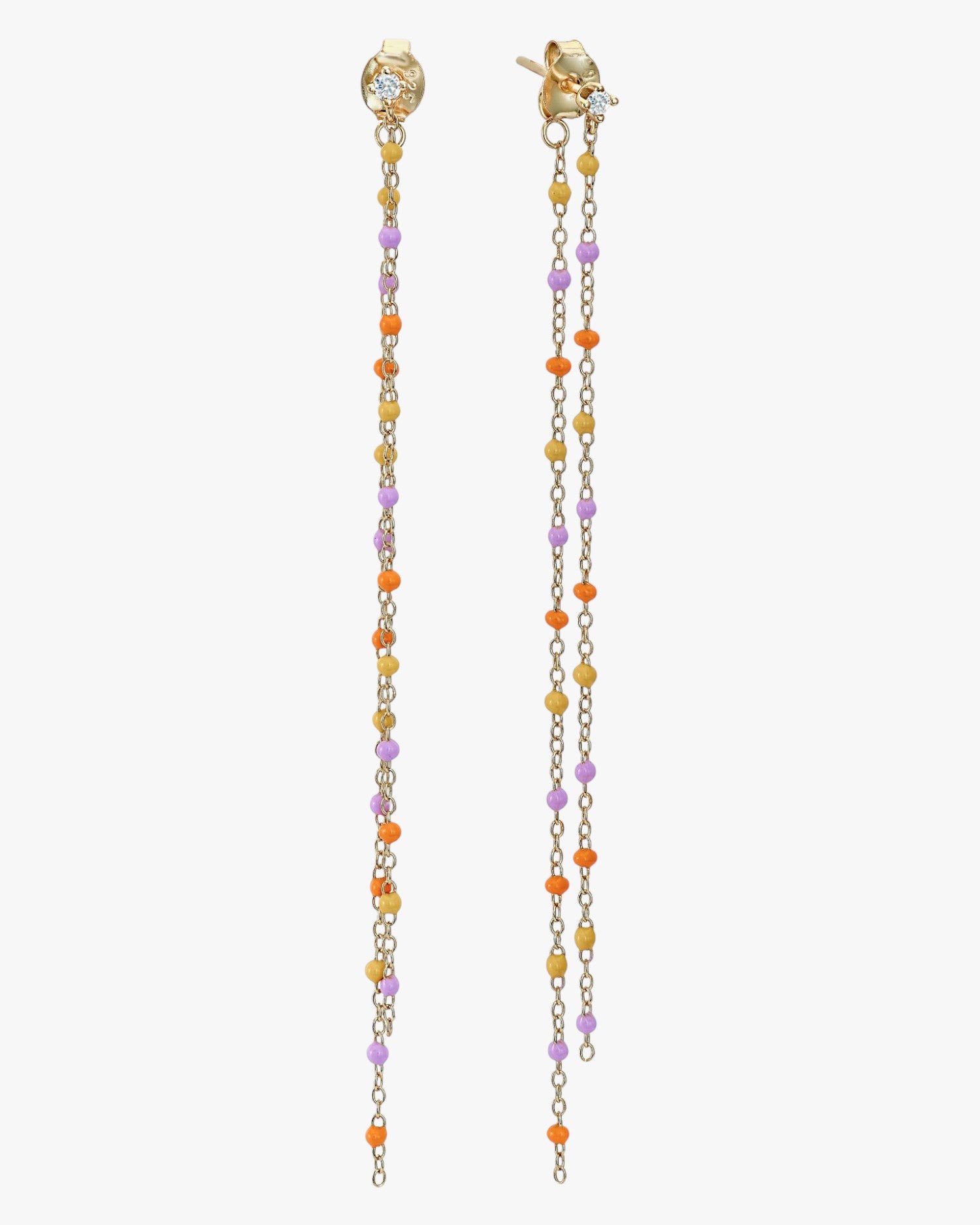 Longues boucles d'oreilles argentées à double chaîne, motif coucher de soleil