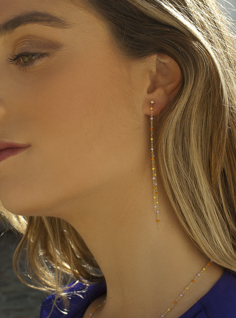 Longues boucles d'oreilles argentées à double chaîne, motif coucher de soleil