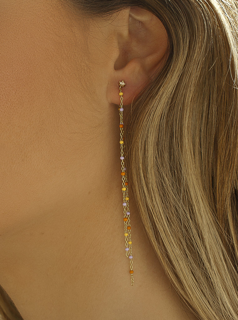 Longues boucles d'oreilles argentées à double chaîne, motif coucher de soleil