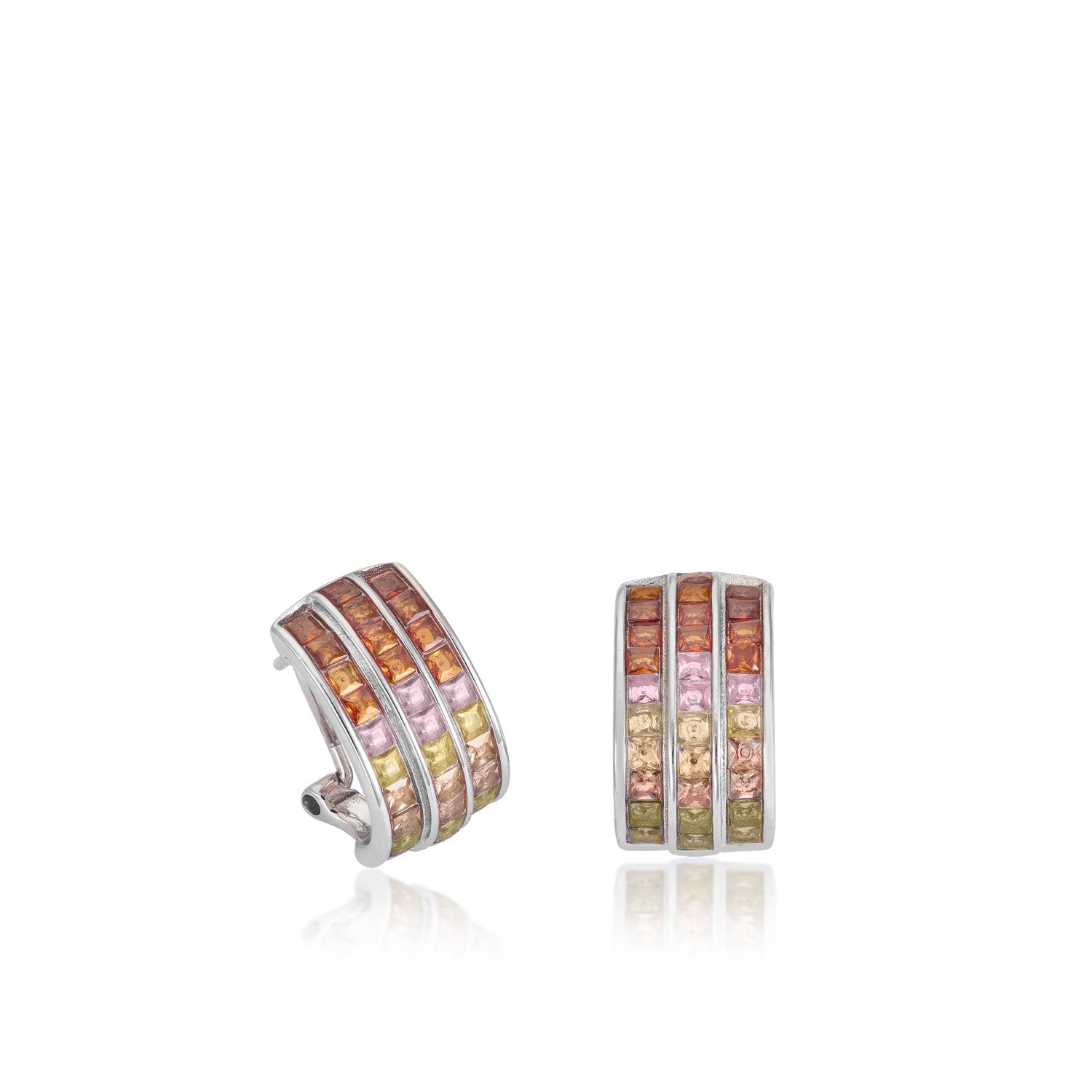 Omega clasp earrings with triple rail in warm tones