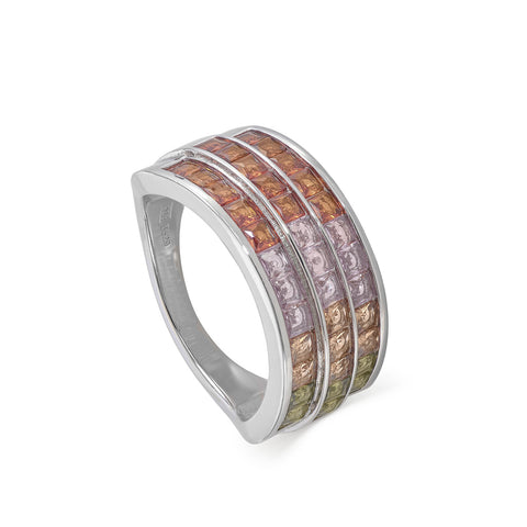 Rings with triple rail stones in warm tones