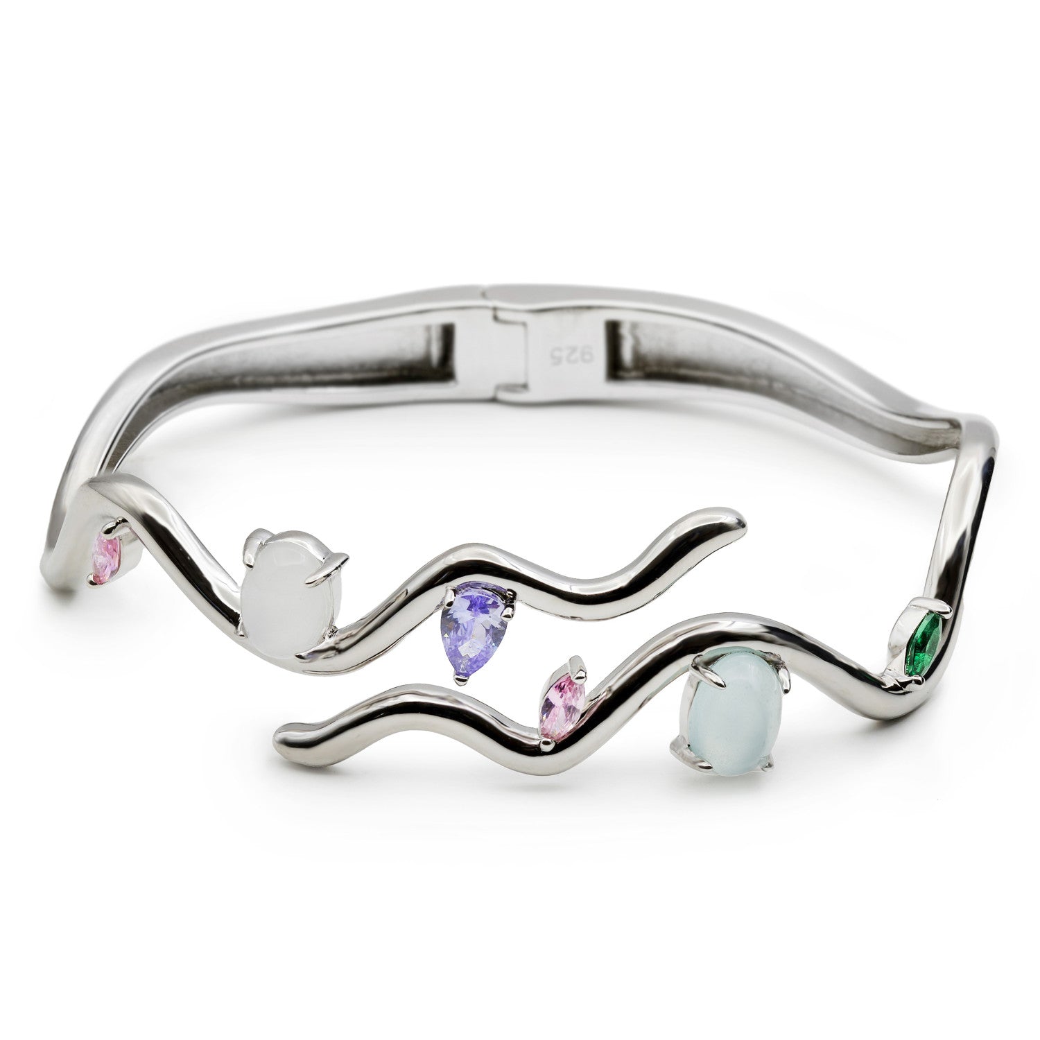 Silver slave bracelet with irregular design and gemstones