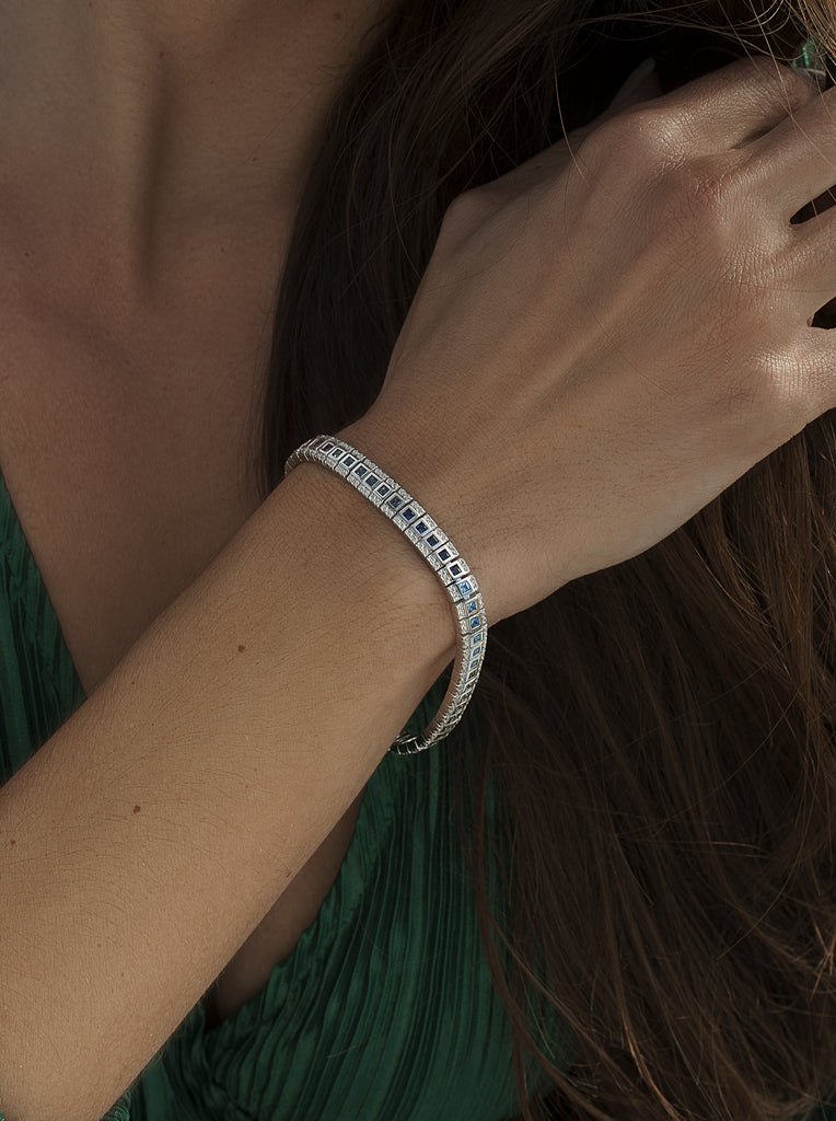 Pulseras con piedras talla esmeralda de colores en tonos cálidos