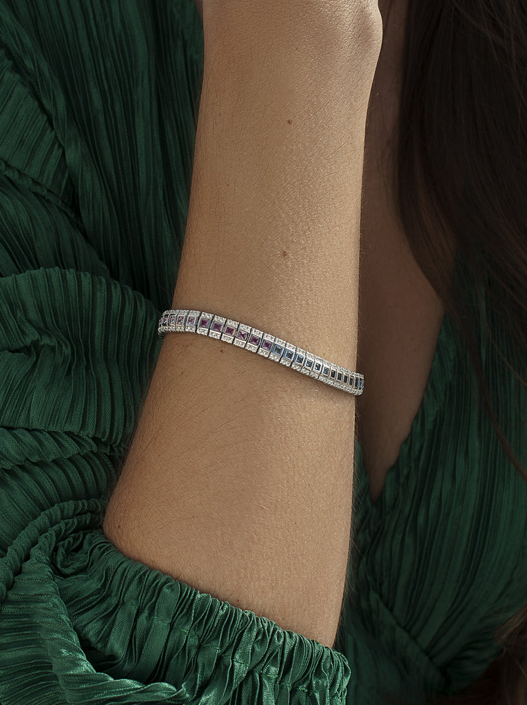 Pulseras con piedras talla esmeralda de colores en tonos cálidos