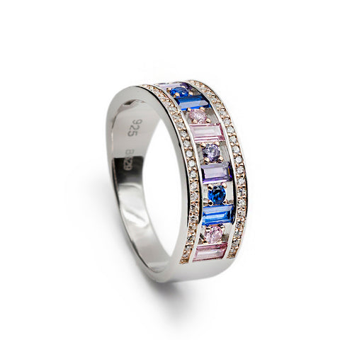 Rings with multicolored gemstone track design