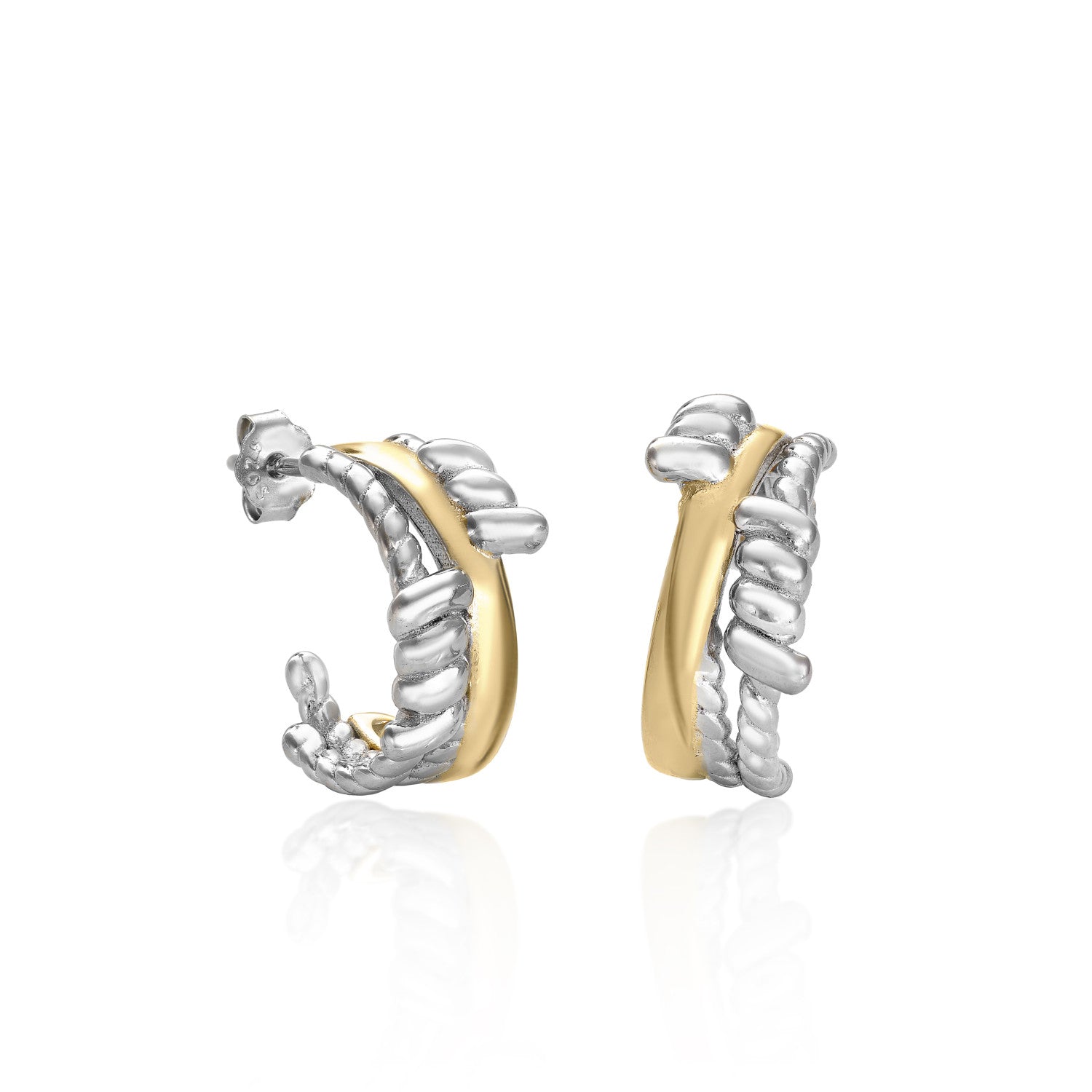 Pendientes bicolor de plata estilo aro diseño cuerda irregular