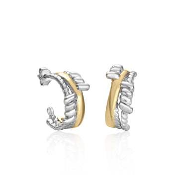 Pendientes bicolor de plata estilo aro diseño cuerda irregular